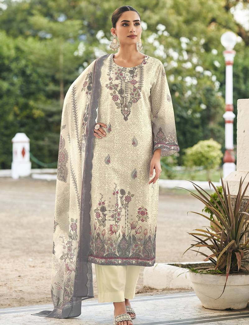 cream lawn cotton digital printed dress material