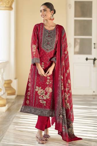 red lawn cotton digital printed dress material