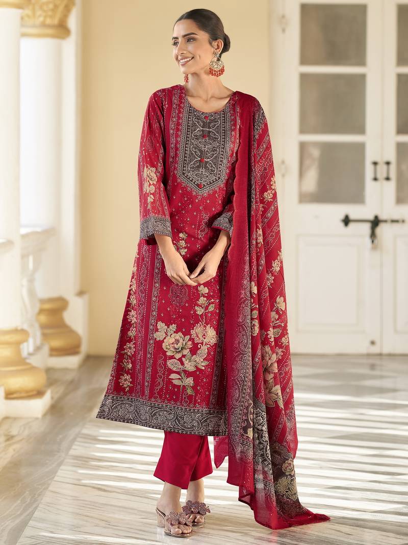 red lawn cotton digital printed dress material