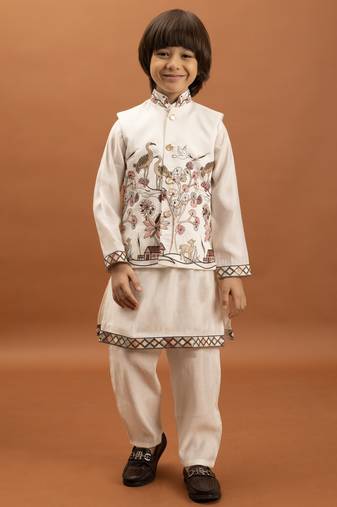 white viscose silk boys kurta pajama with embroidered jacket for festive wear