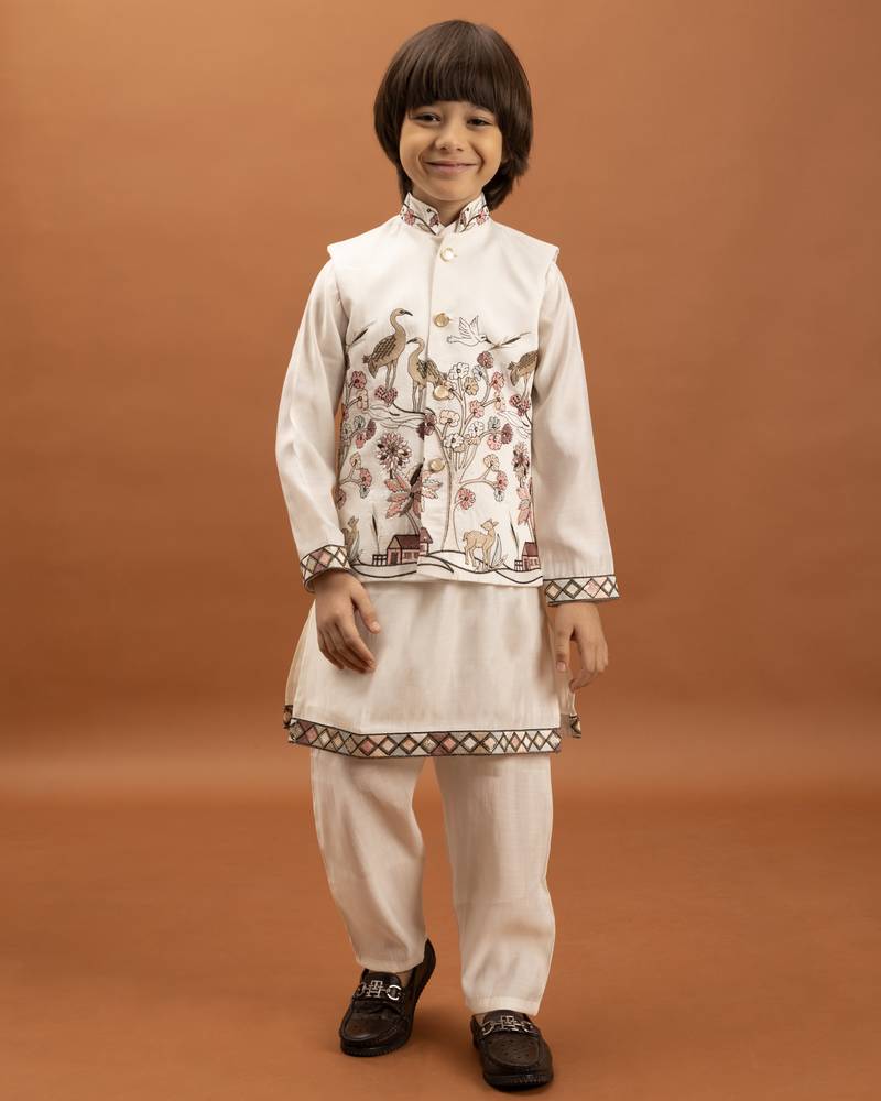 white viscose silk boys kurta pajama with embroidered jacket for festive wear
