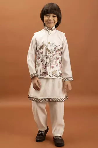 white viscose silk boys kurta pajama with embroidered jacket for festive wear