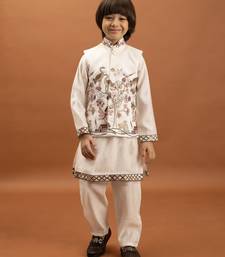 white viscose silk boys kurta pajama with embroidered jacket for festive wear