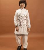 white viscose silk boys kurta pajama with embroidered jacket for festive wear