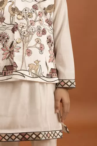 white viscose silk boys kurta pajama with embroidered jacket for festive wear