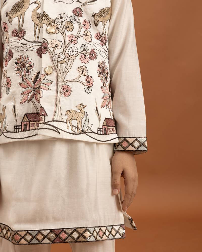 white viscose silk boys kurta pajama with embroidered jacket for festive wear