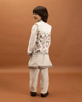 white viscose silk boys kurta pajama with embroidered jacket for festive wear 3