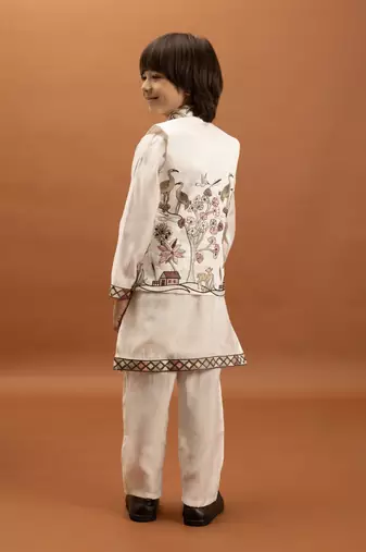 white viscose silk boys kurta pajama with embroidered jacket for festive wear