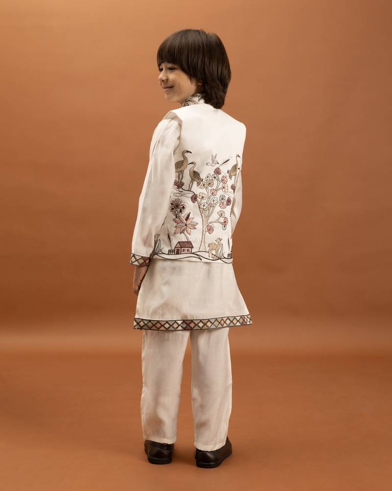 white viscose silk boys kurta pajama with embroidered jacket for festive wear