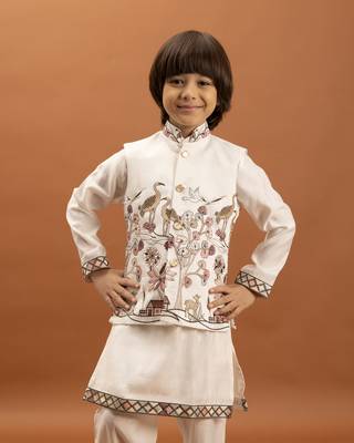 white viscose silk boys kurta pajama with embroidered jacket for festive wear 4