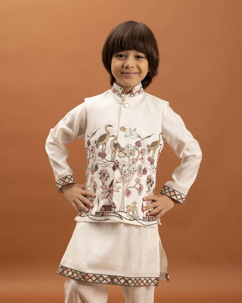 white viscose silk boys kurta pajama with embroidered jacket for festive wear