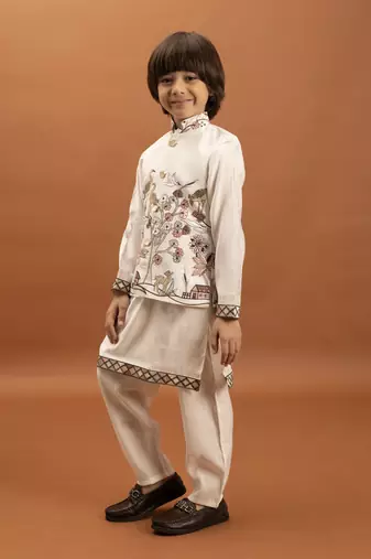 white viscose silk boys kurta pajama with embroidered jacket for festive wear