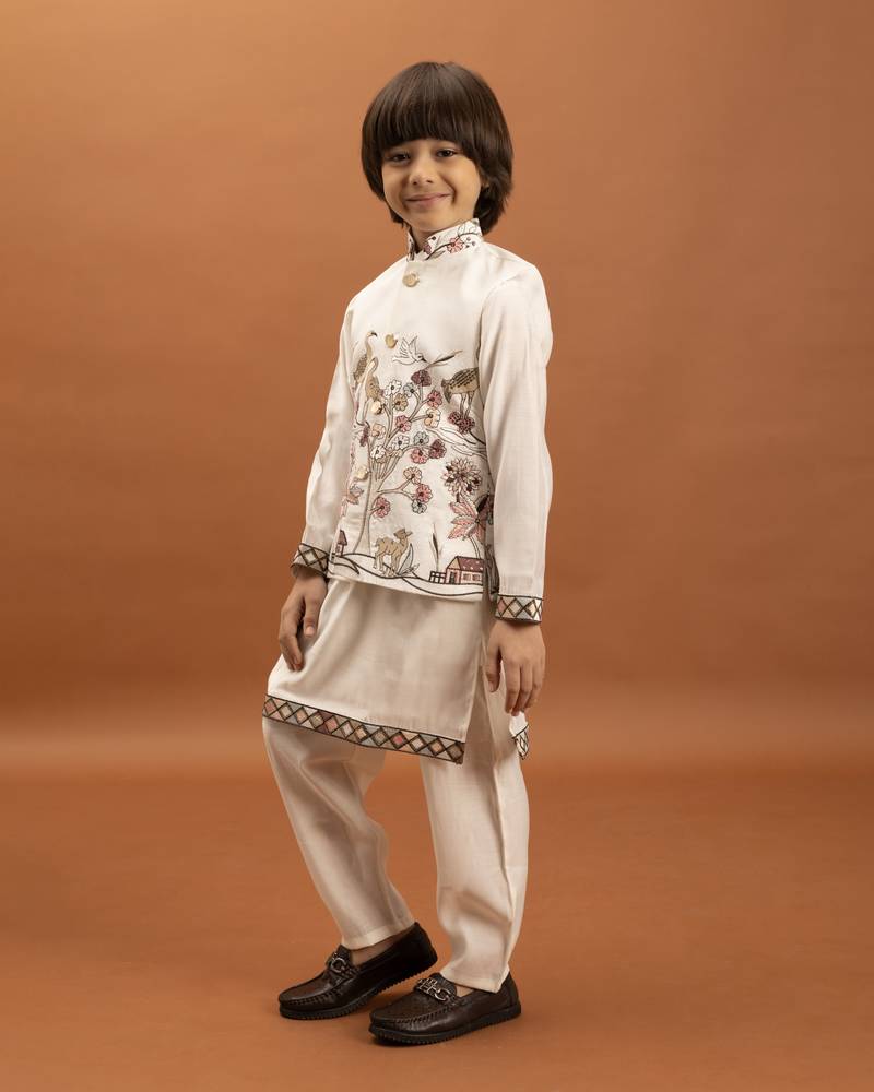 white viscose silk boys kurta pajama with embroidered jacket for festive wear