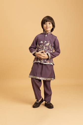 purple viscose silk boys kurta pajama with embroidered jacket for festive wear