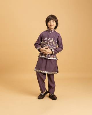 purple viscose silk boys kurta pajama with embroidered jacket for festive wear 1