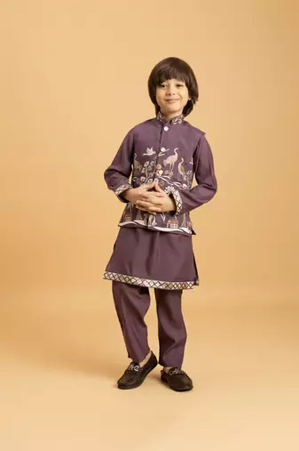 Purple viscose silk thead with sequins embroidered work wedding function festival party boys straight kurta pant koti