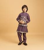 purple viscose silk boys kurta pajama with embroidered jacket for festive wear