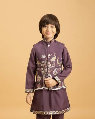purple viscose silk boys kurta pajama with embroidered jacket for festive wear 2
