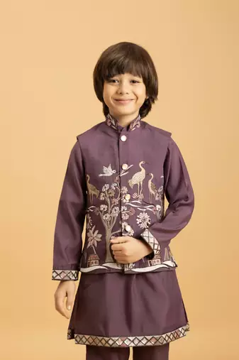 purple viscose silk boys kurta pajama with embroidered jacket for festive wear