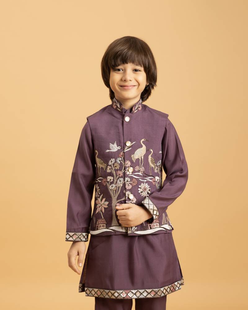 purple viscose silk boys kurta pajama with embroidered jacket for festive wear