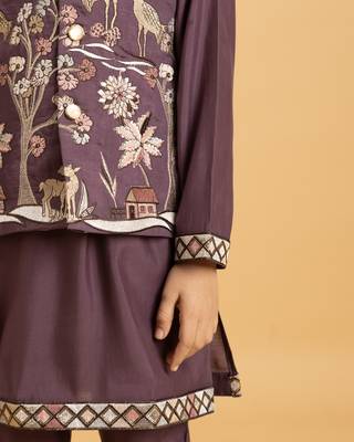 purple viscose silk boys kurta pajama with embroidered jacket for festive wear 3