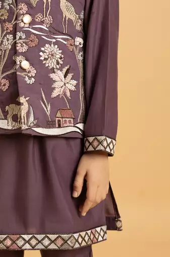 purple viscose silk boys kurta pajama with embroidered jacket for festive wear