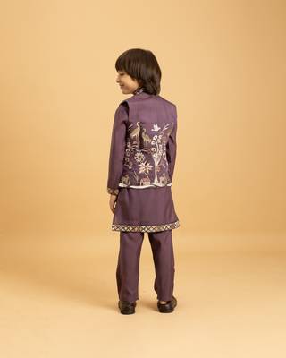 purple viscose silk boys kurta pajama with embroidered jacket for festive wear 4