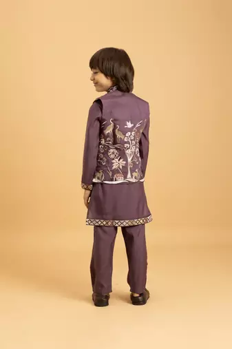 purple viscose silk boys kurta pajama with embroidered jacket for festive wear