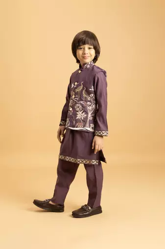purple viscose silk boys kurta pajama with embroidered jacket for festive wear