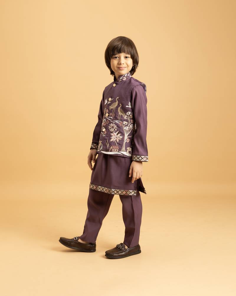 purple viscose silk boys kurta pajama with embroidered jacket for festive wear