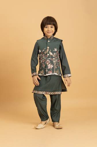 green viscose silk boys kurta pajama with embroidered jacket for festive wear