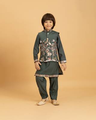 green viscose silk boys kurta pajama with embroidered jacket for festive wear 1