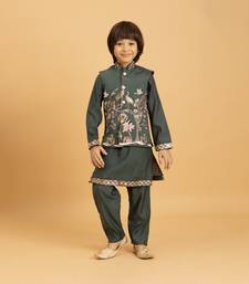 green viscose silk boys kurta pajama with embroidered jacket for festive wear