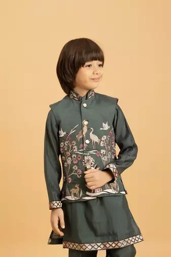 green viscose silk boys kurta pajama with embroidered jacket for festive wear