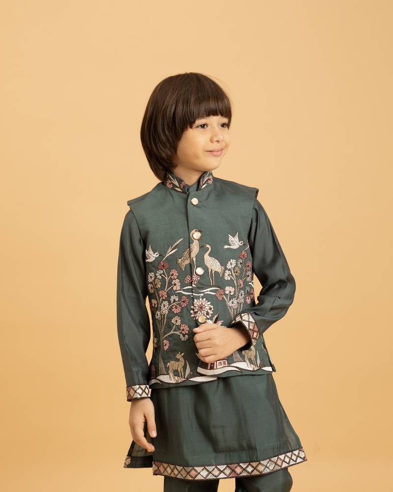 green viscose silk boys kurta pajama with embroidered jacket for festive wear