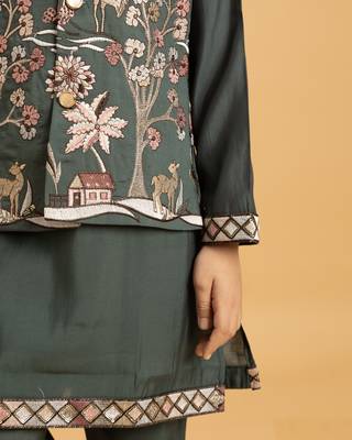 green viscose silk boys kurta pajama with embroidered jacket for festive wear 3