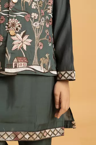 green viscose silk boys kurta pajama with embroidered jacket for festive wear