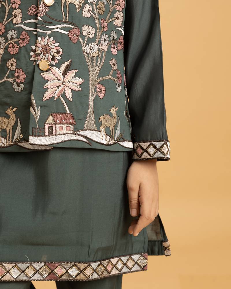green viscose silk boys kurta pajama with embroidered jacket for festive wear