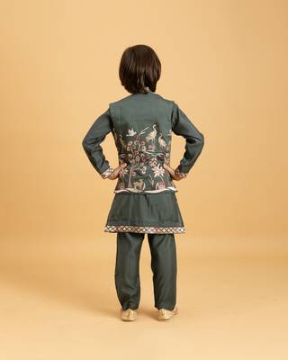 green viscose silk boys kurta pajama with embroidered jacket for festive wear 4