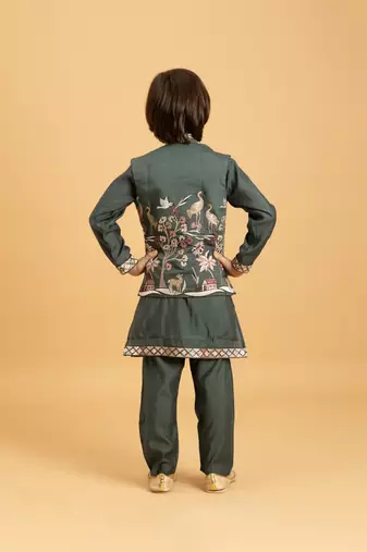 green viscose silk boys kurta pajama with embroidered jacket for festive wear