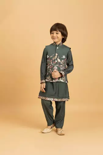 green viscose silk boys kurta pajama with embroidered jacket for festive wear