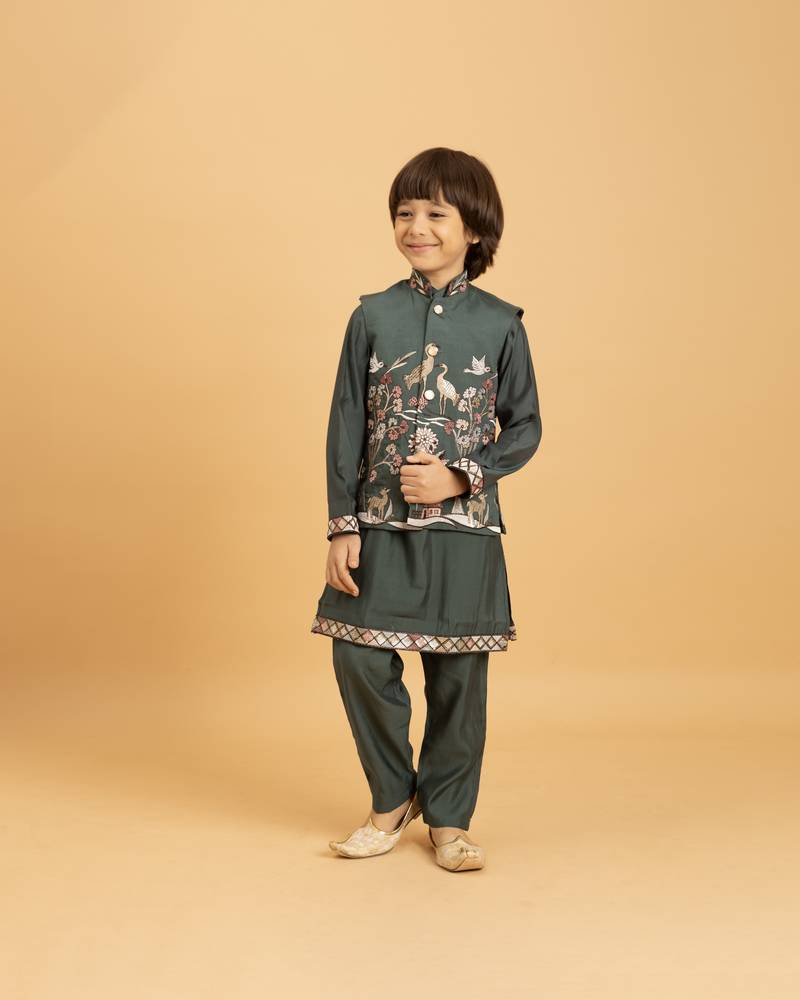 green viscose silk boys kurta pajama with embroidered jacket for festive wear