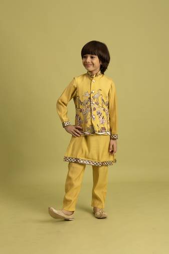 yellow viscose silk boys kurta pajama with embroidered jacket for festive wear