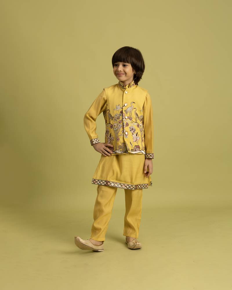 yellow viscose silk boys kurta pajama with embroidered jacket for festive wear