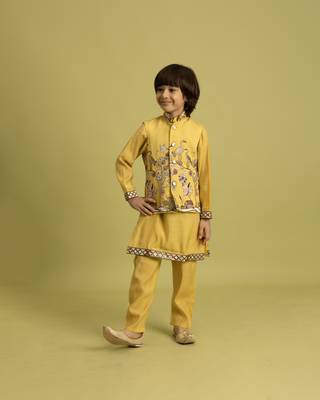 yellow viscose silk boys kurta pajama with embroidered jacket for festive wear 1