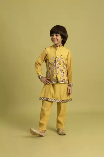 Yellow viscose silk thead with sequins embroidered work wedding function festival party boys straight kurta pant koti