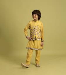 yellow viscose silk boys kurta pajama with embroidered jacket for festive wear