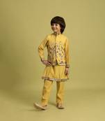 yellow viscose silk boys kurta pajama with embroidered jacket for festive wear