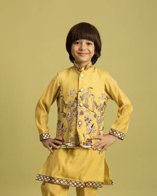 yellow viscose silk boys kurta pajama with embroidered jacket for festive wear 2