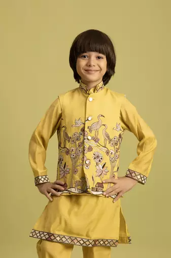 yellow viscose silk boys kurta pajama with embroidered jacket for festive wear
